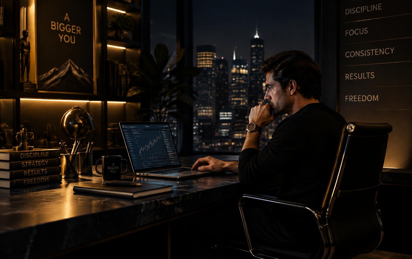 Empreendedor analisando indicadores de vendas em um escritório à noite